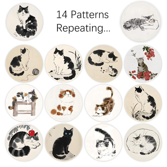 14 partterns repeating chinese traditional painting cat stickers