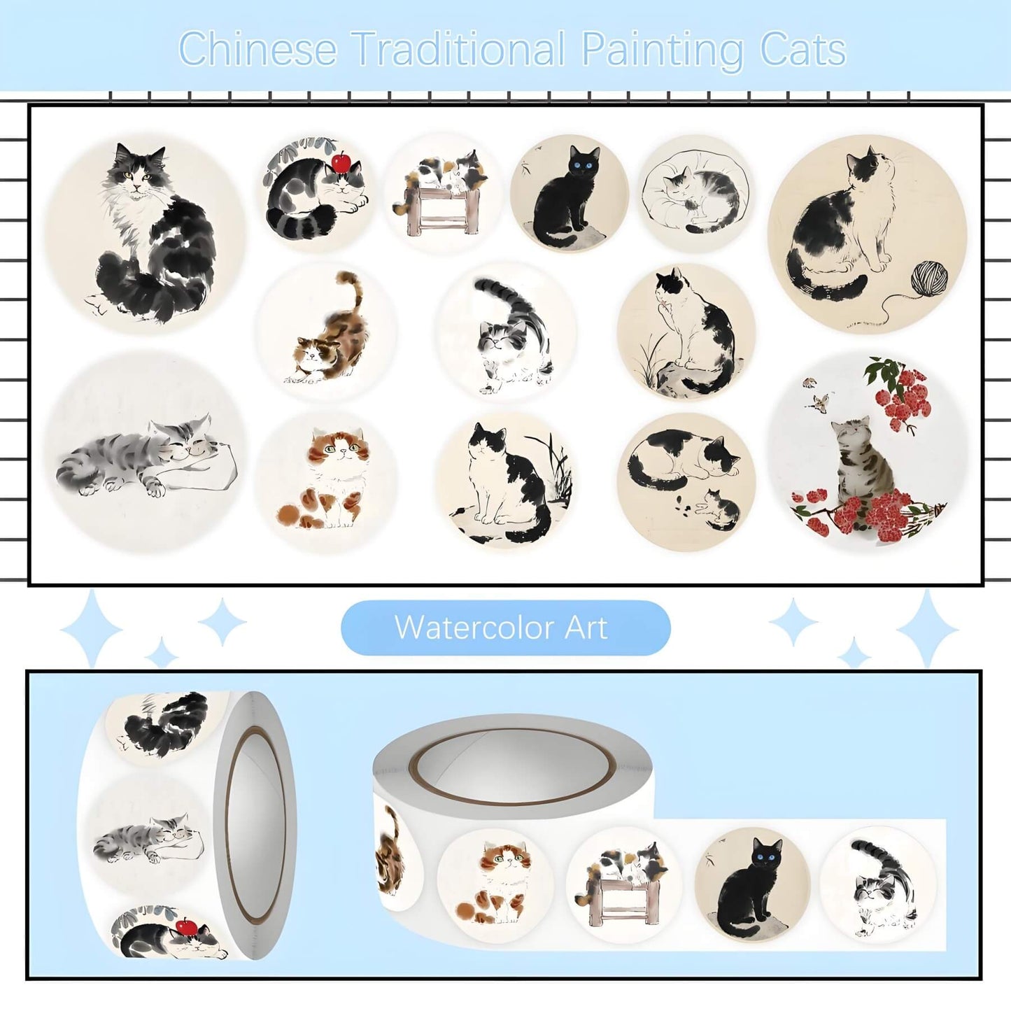 watercolor art of Chinese traditonal painting cats