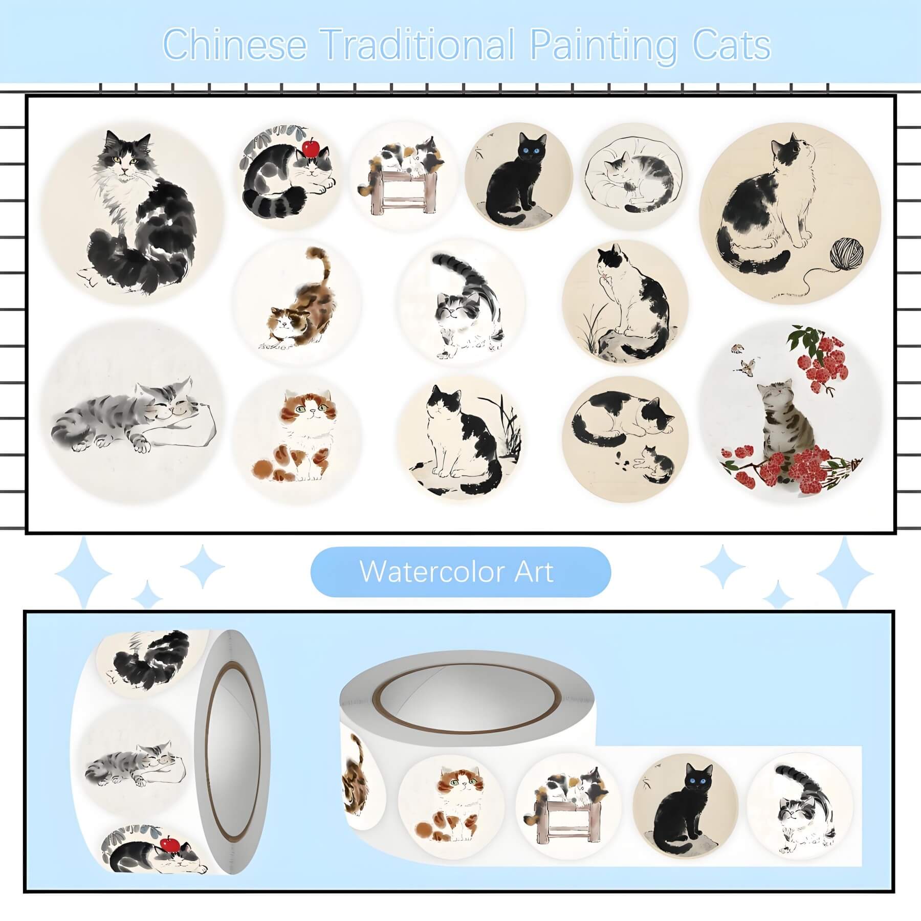 watercolor art of Chinese traditonal painting cats