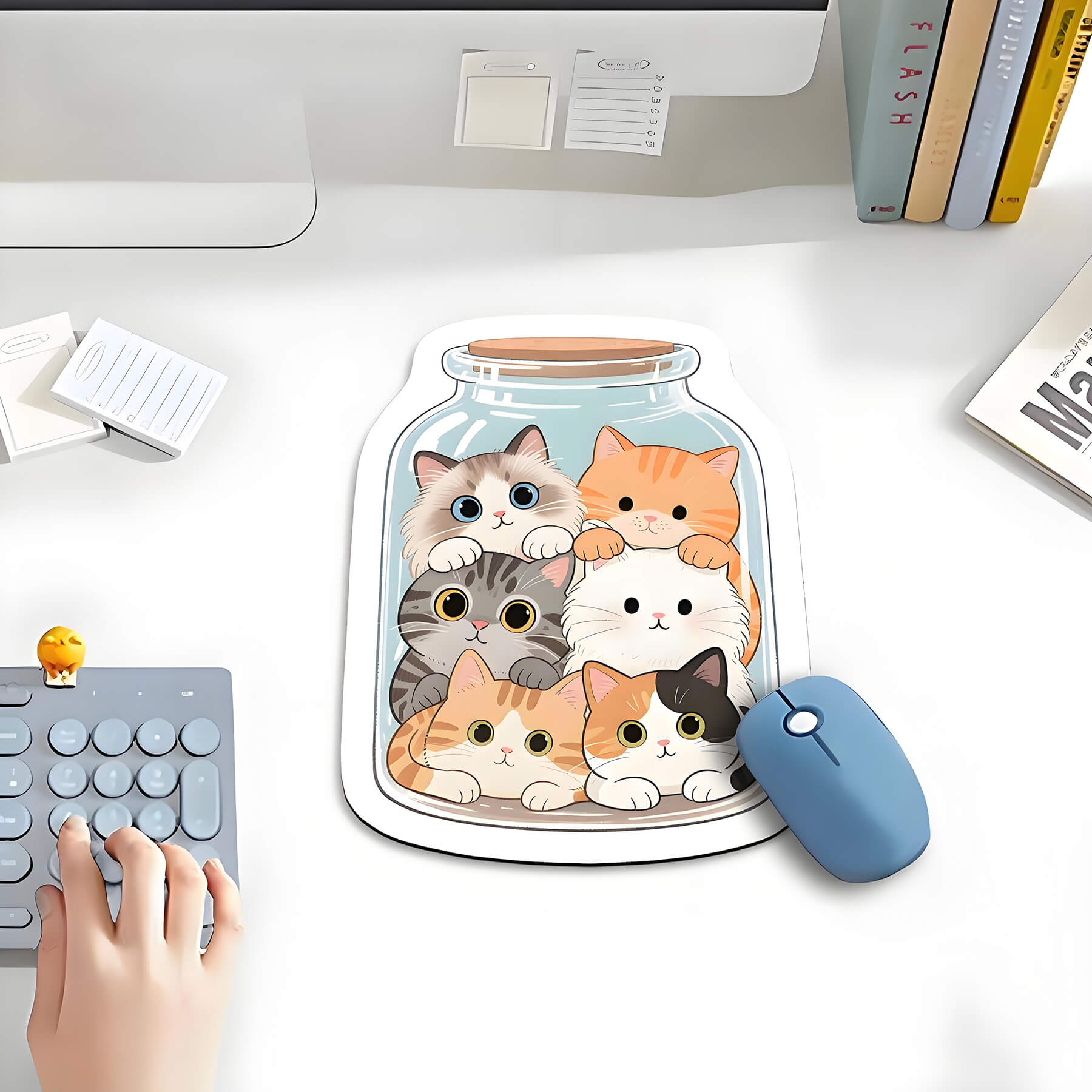 6 cats printing mouse pad with blue mouse
