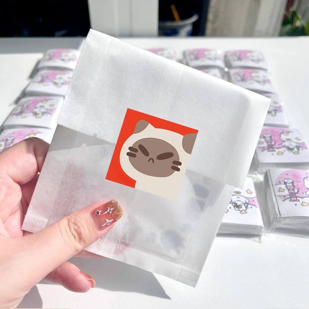 Square sticker of a cat sealing an envelope