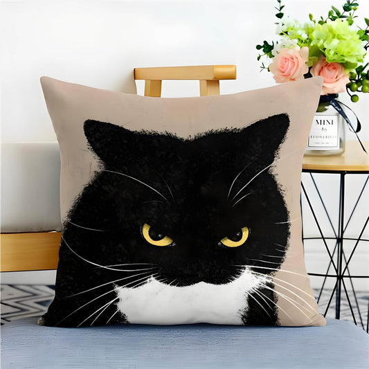 cow cat throw pillow with a very angry face