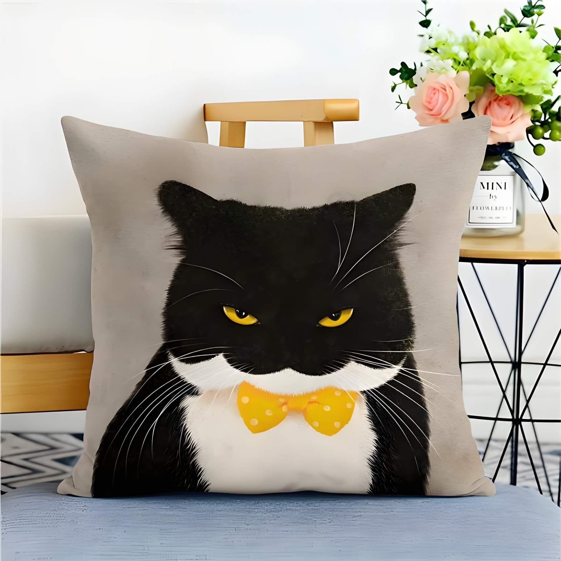 cow cat throw pillow with a angry face