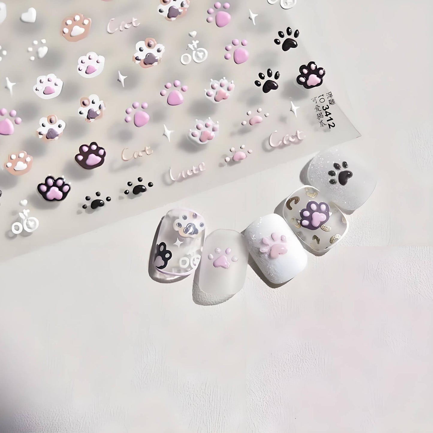 cat paw nail stickers demonstrated beautify on fake nails