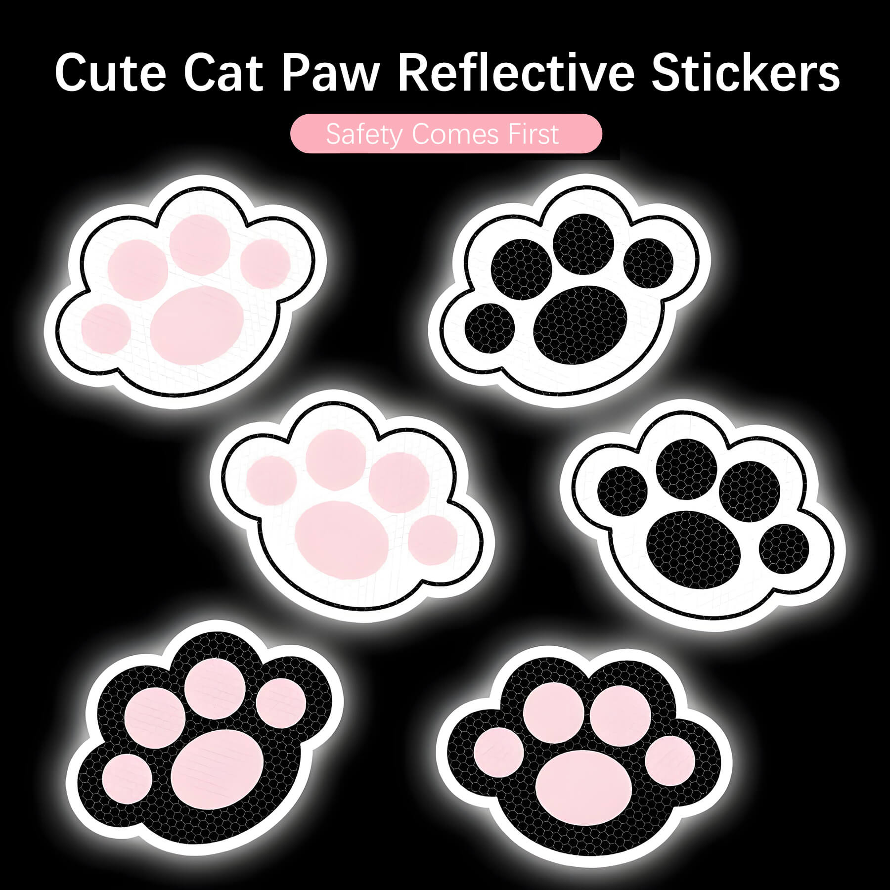 3 different color of cute cat paw reflective stickers