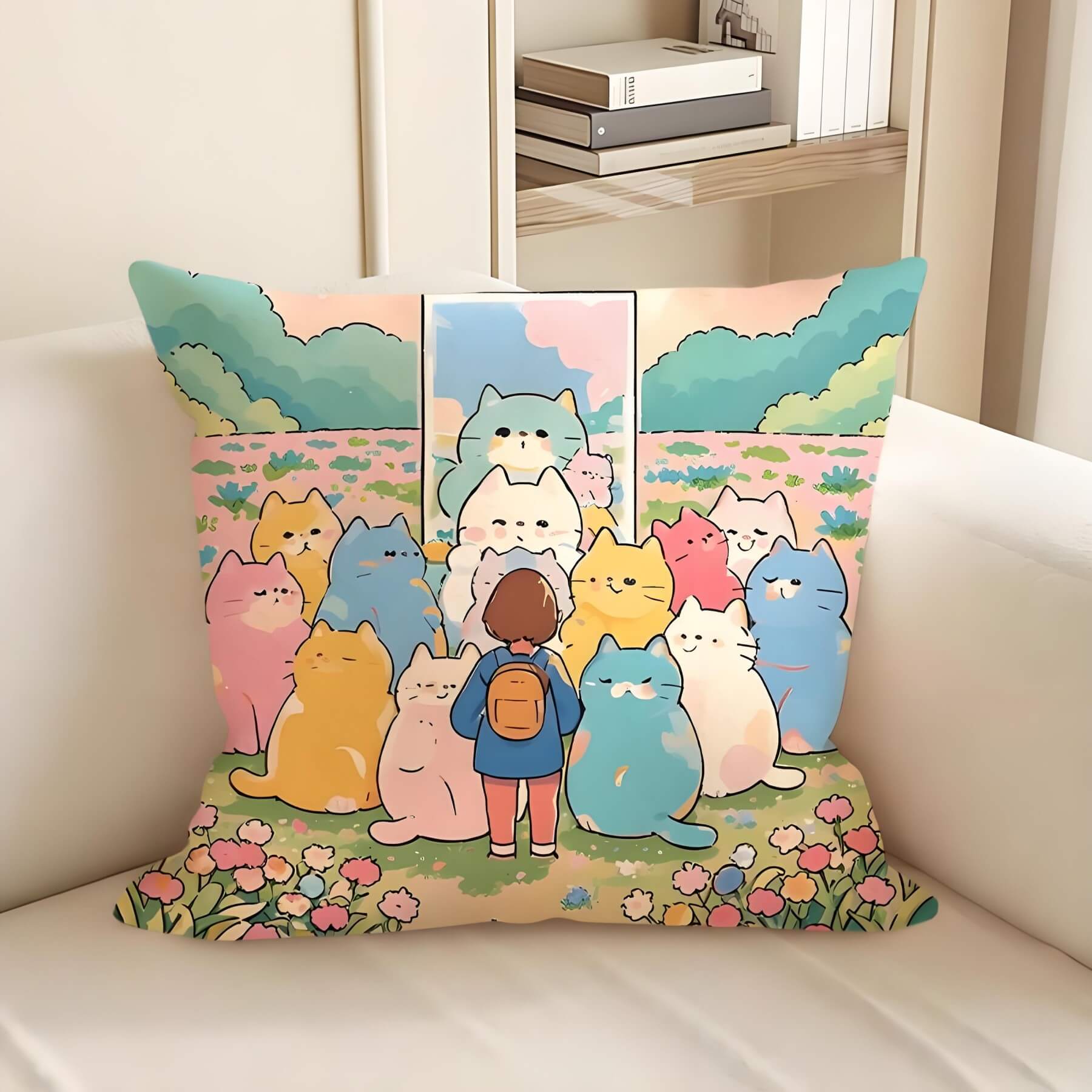 cute cartoon cats pillow: a girl is standing in front of mirror with many cats