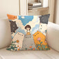 cute cartoon cats pillow: a girl stand in 7 cats