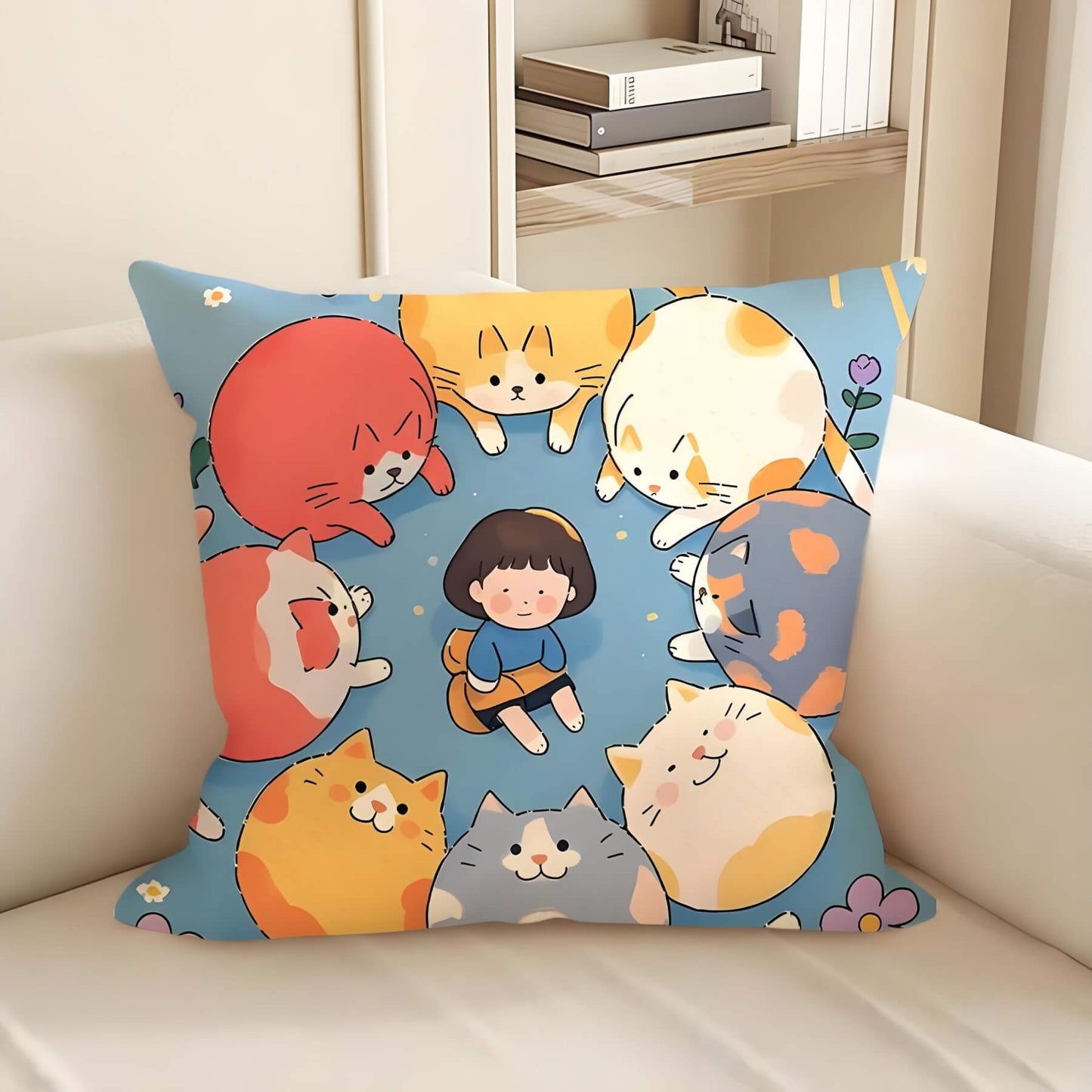 cute cartoon cats pillow: 8 cats surrounded a little girl