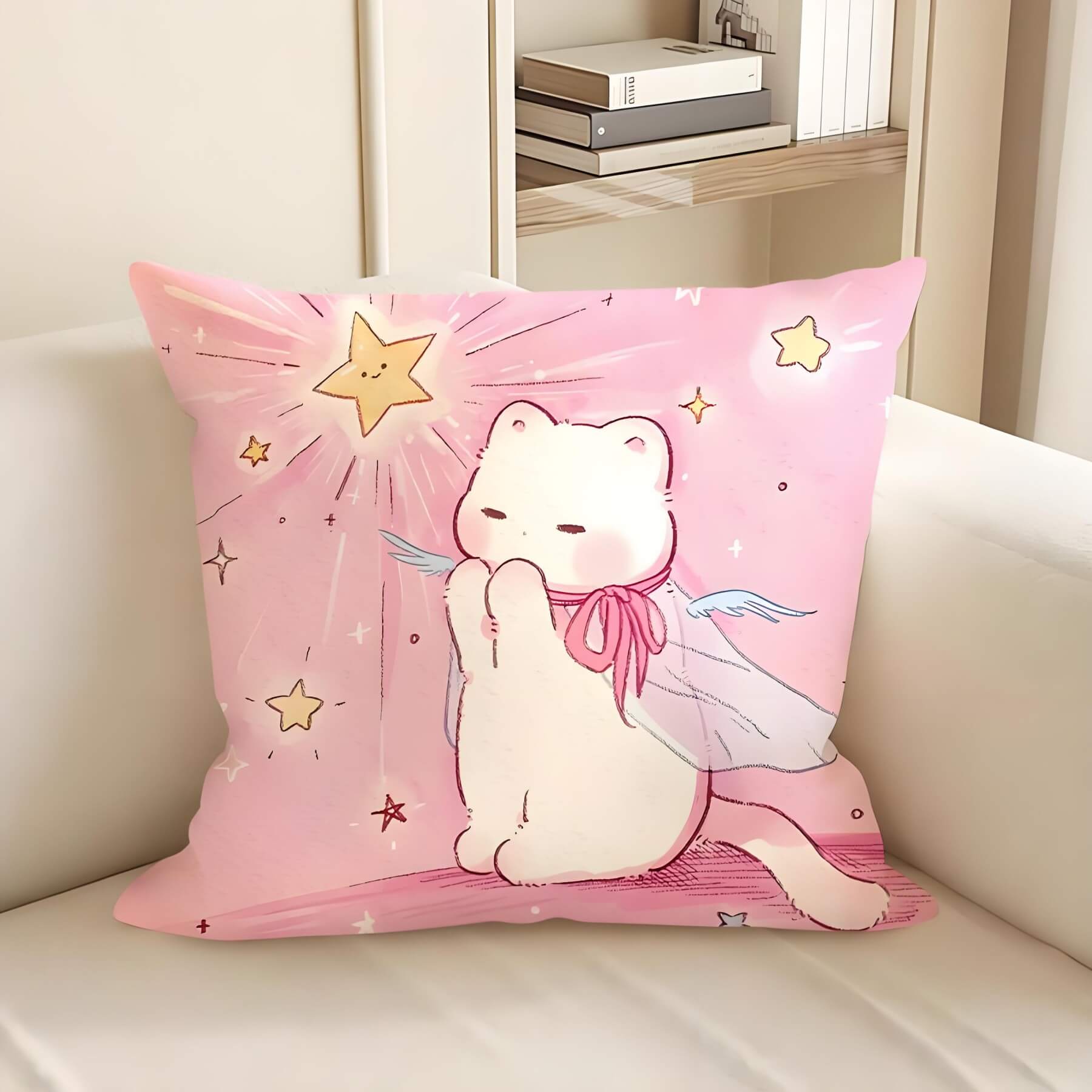 cute cartoon cats pillow: a magic white and pink wering cat