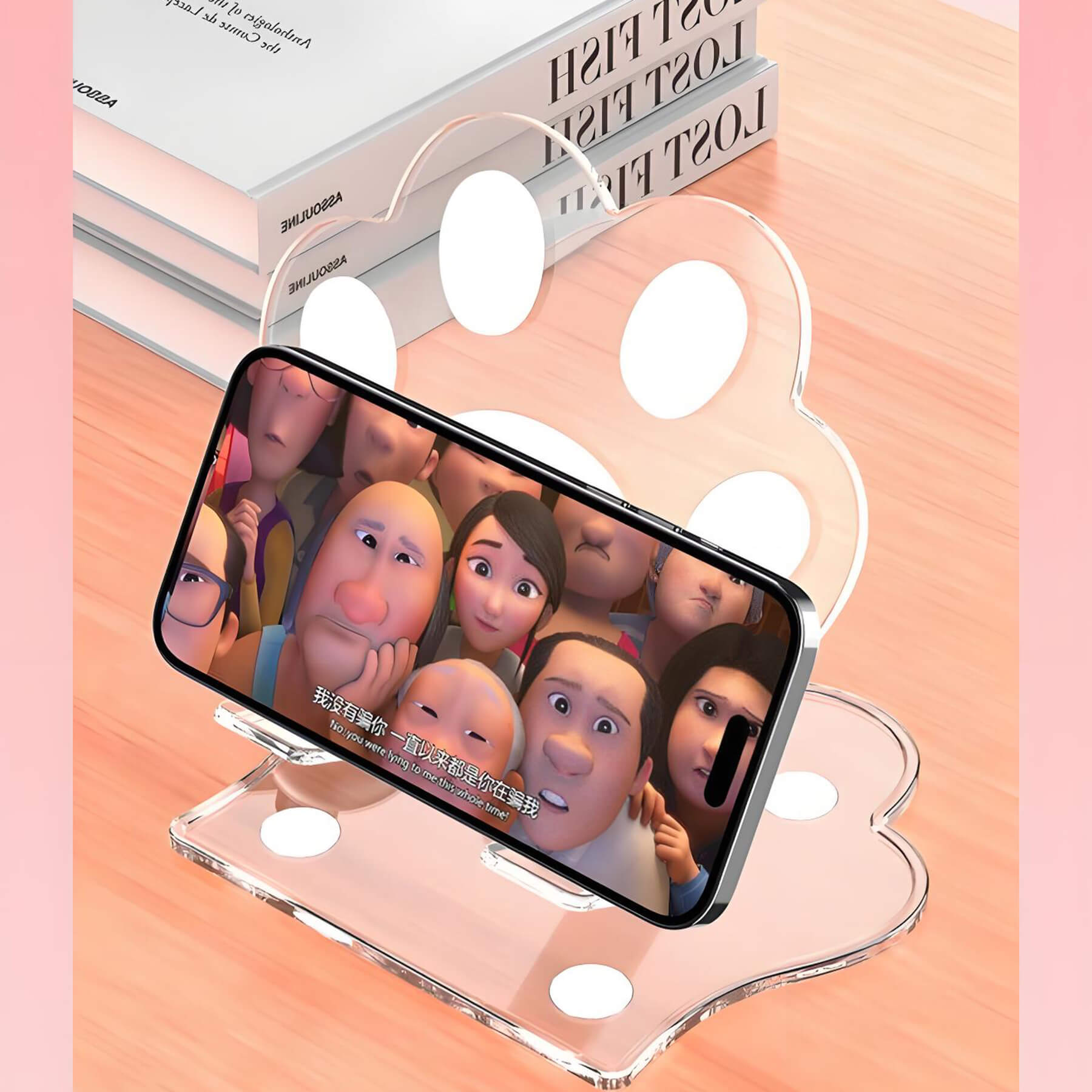 a movie playing on iPhone on the phone stand