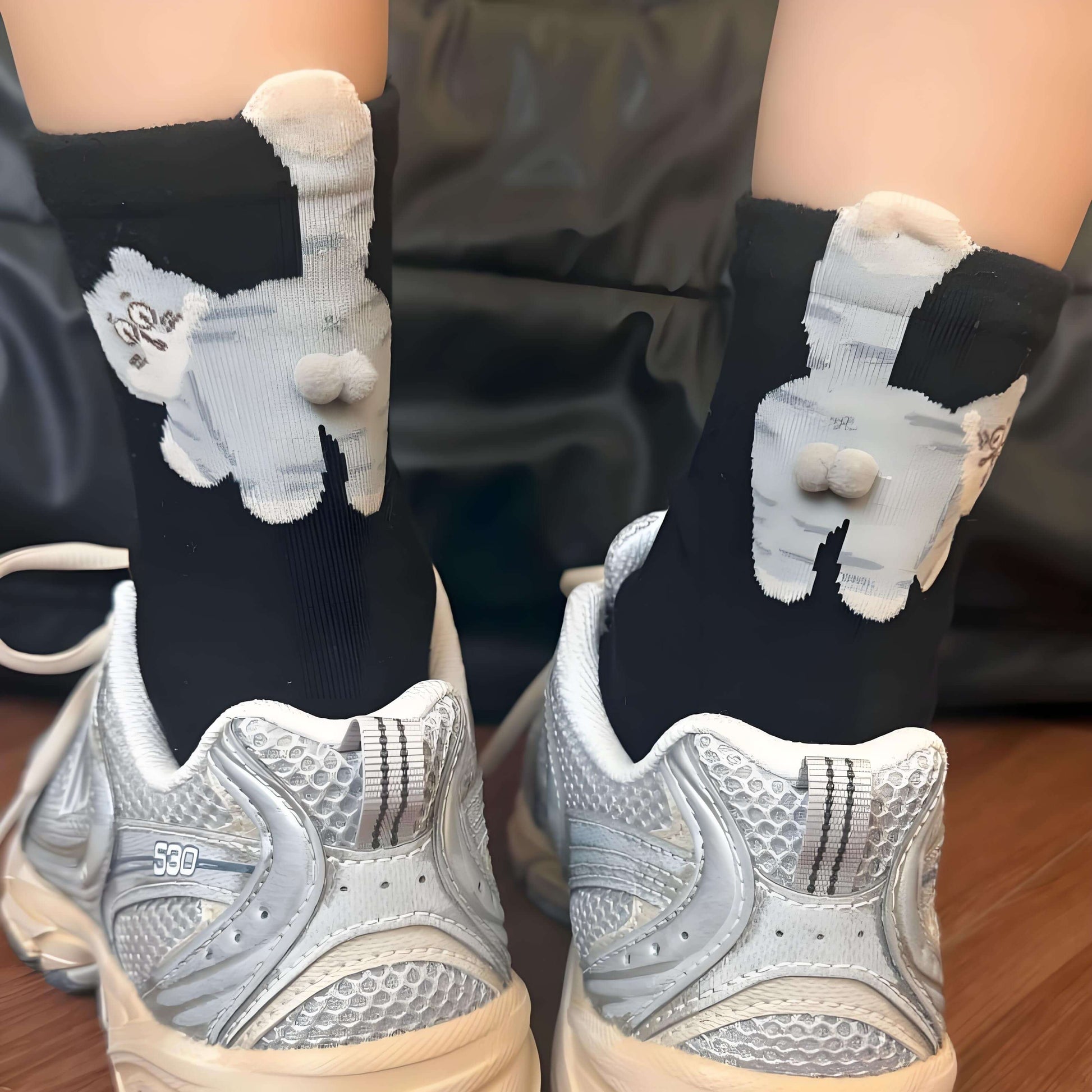 black socks with grey cat printing