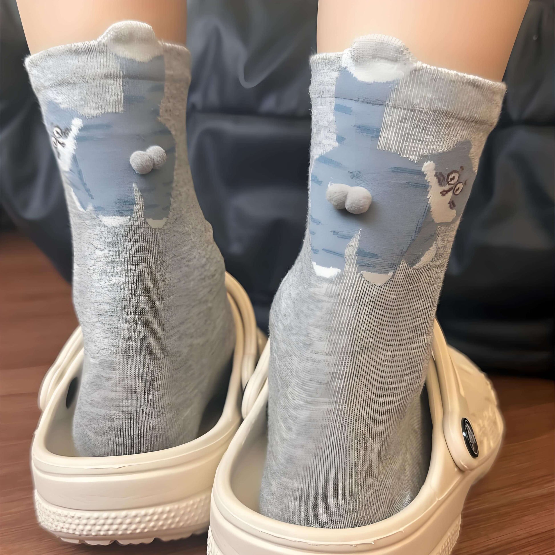 light grey socks with dark grey cat printing