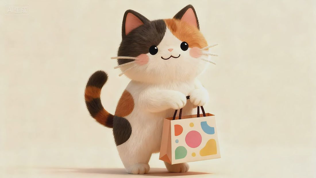 a happy calico cat is chosing goods from catnear